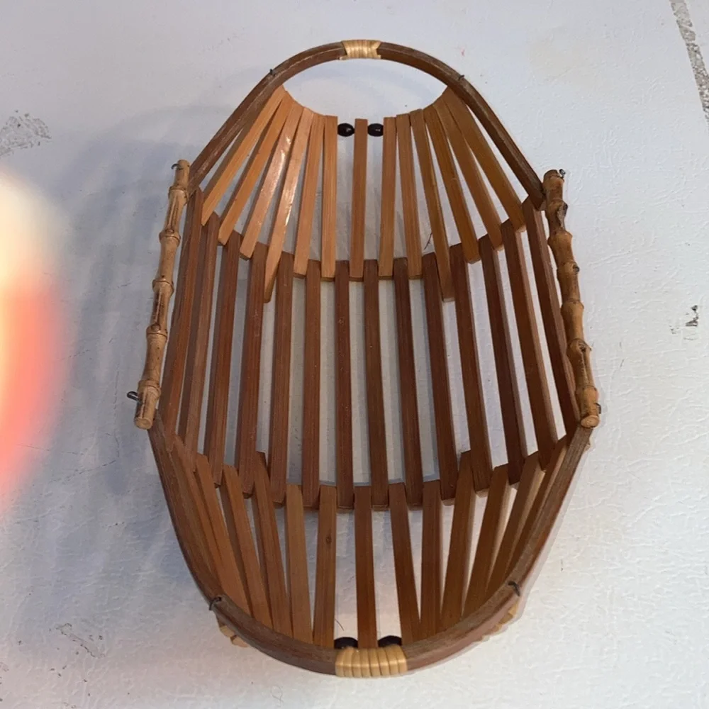 Holiday Bread Baskets Set/2 Mid Century Rattan Baskets W/ Black Beads & Handles